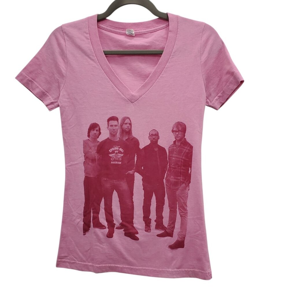 Royal Apparel Women's Maroon 5 Y2K Pink V-Neck Babydoll Graphic Band‎ Tee USA L